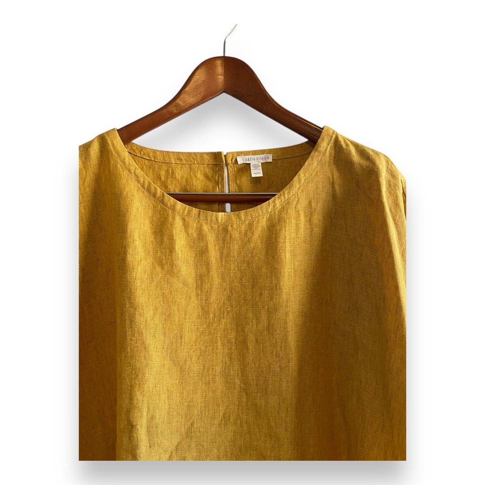 Eileen Fisher Mustard Yellow 100% Organic Linen Boxy Short Sleeve Top XL - Picture 2 of 6